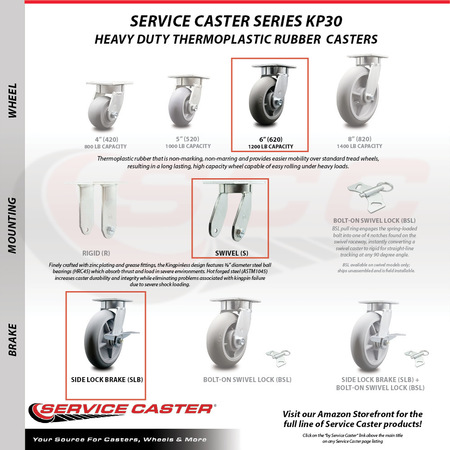 Service Caster 6 Inch Kingpinless Thermoplastic Rubber Wheel Swivel Caster Set with Brakes SCC SCC-KP30S620-TPRRD-SLB-4